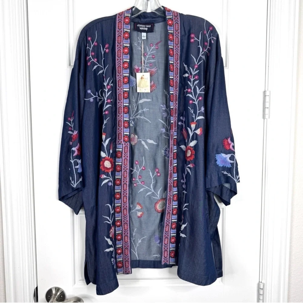 JOHNNY WAS Piper NEW Shirt Tail Kimono Denim Blue Embroidered Floral Size L NEW - Picture 11 of 11